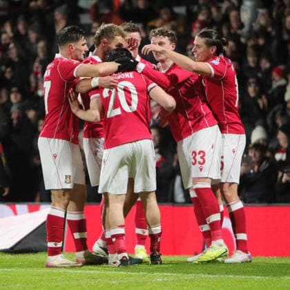 Wrexham FC v Nottingham Forest, FA Cup, 3rd Round Oliver Rathbone of Wrexham celebrates scoring their second goal with team mates during the FA Cup match between Wrexham FC and Nottingham Forest at the Racecourse Ground, Wrexham, UK on 9 January 2026. Wrexham Racecourse Ground Wales UK Editorial use only DataCo restrictions apply See www.football-dataco.com , Copyright: xAlunxRobertsx PSI-23552-0031