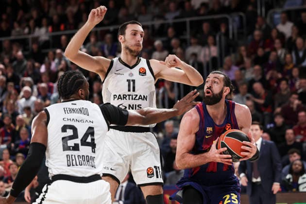 January 9, 2026, Barcelona, Barcelona, Spain: Tornike Shengelia of FC Barcelona, Barca and Aleksej Pokusevski of Partizan Mozzart Bet Belgrade in action during the EuroLeague Regular Season Round 21 match played between FC Barcelona and Partizan Mozzart Bet Belgrade at Palau Blaugrana on January 09, 2026 in Barcelona, Spain. Barcelona Spain - ZUMAa181 20260109_zaa_a181_044 Copyright: xJavierxBorregox