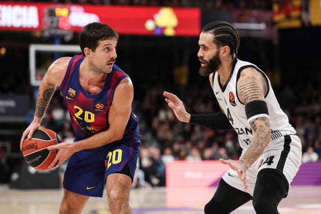 January 9, 2026, Barcelona, Barcelona, Spain: Nico Laprovittola of FC Barcelona, Barca and Duane Washington of Partizan Mozzart Bet Belgrade in action during the EuroLeague Regular Season Round 21 match played between FC Barcelona and Partizan Mozzart Bet Belgrade at Palau Blaugrana on January 09, 2026 in Barcelona, Spain. Barcelona Spain - ZUMAa181 20260109_zaa_a181_050 Copyright: xJavierxBorregox