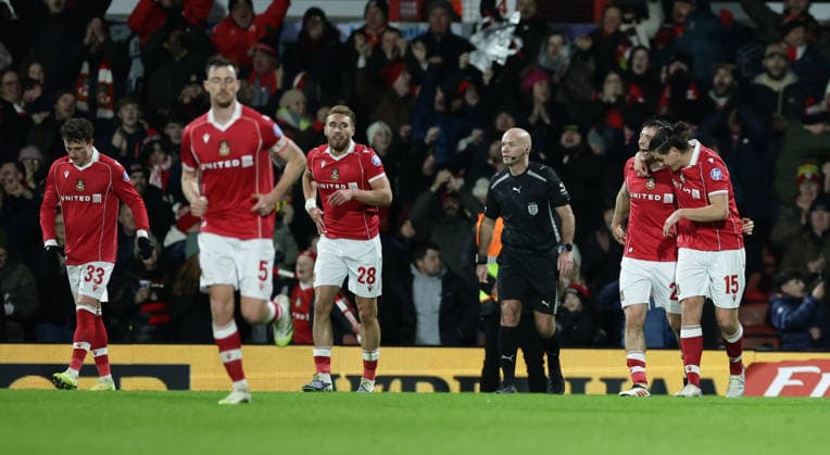 9th January 2026; Racecourse Ground, Wrexham, Wales; FA Cup Football, Wrexham versus Nottingham Forest; Ollie Rathbone of Wrexham AFC celebrates after scoring in the 40th minute for 2-0  RogerxEvans