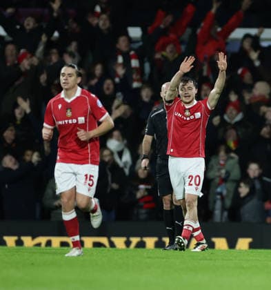 9th January 2026; Racecourse Ground, Wrexham, Wales; FA Cup Football, Wrexham versus Nottingham Forest; Ollie Rathbone of Wrexham AFC celebrates after scoring in the 40th minute for 2-0  RogerxEvans