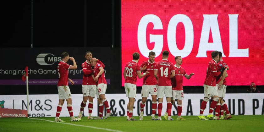 Wrexham FC v Nottingham Forest, FA Cup, 3rd Round Dominic Hyam of Wrexham celebrates scoring their third goal with team mates during the FA Cup match between Wrexham FC and Nottingham Forest at the Racecourse Ground, Wrexham, UK on 9 January 2026. Wrexham Racecourse Ground Wales UK Editorial use only DataCo restrictions apply See www.football-dataco.com , Copyright: xAlunxRobertsx PSI-23552-0049