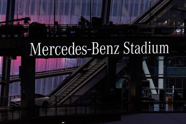 January 09, 2025: A general view of Mercedes-Benz Stadium logo prior to NCAA, College League, USA football game action between the Oregon Ducks and the Indiana Hoosiers at Mercedes-Benz Stadium in Atlanta, Georgia. CSM Atlanta United States of America - ZUMAc04_ 20260109_zma_c04_045 Copyright: xJohnxMersitsx