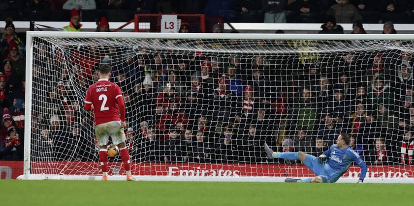 9th January 2026; Racecourse Ground, Wrexham, Wales; FA Cup Football, Wrexham versus Nottingham Forest; Callum Doyle of Wrexham AFC scores their third penalty for 5-4  RogerxEvans Content restricted for UK based newspaper