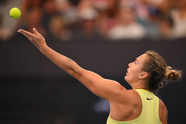 TENNIS BRISBANE INTERNATIONAL, Aryna Sabalenka of Belarus in action against Karolina Muchova of Czechia during the semi-finals of the Brisbane International tennis tournament at Pat Rafter Arena in Brisbane, Saturday, January 10, 2026. ( NO ARCHIVING, EDITORIAL USE ONLY BRISBANE QUEENSLAND AUSTRALIA  Copyright: xZAINxMOHAMMEDx 20260110158907489592