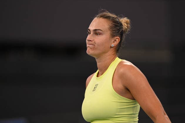 TENNIS BRISBANE INTERNATIONAL, Aryna Sabalenka of Belarus in reacts against Karolina Muchova of Czechia during the semi-finals of the Brisbane International tennis tournament at Pat Rafter Arena in Brisbane, Saturday, January 10, 2026. ( NO ARCHIVING, EDITORIAL USE ONLY BRISBANE QUEENSLAND AUSTRALIA  Copyright: xZAINxMOHAMMEDx 20260110162703955417