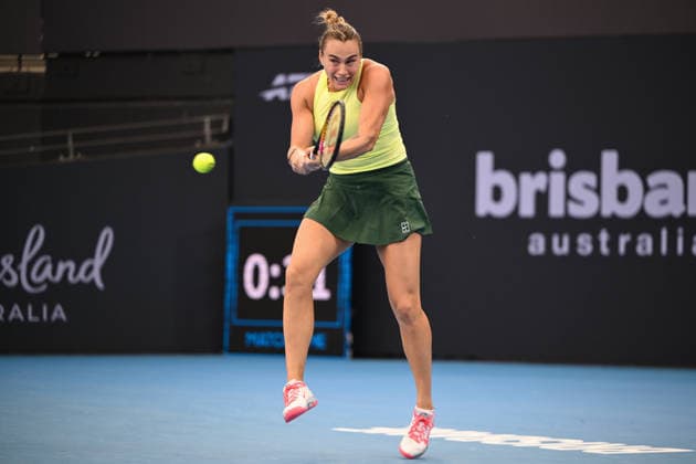 TENNIS BRISBANE INTERNATIONAL, Aryna Sabalenka of Belarus in action against Karolina Muchova of Czechia during the semi-finals of the Brisbane International tennis tournament at Pat Rafter Arena in Brisbane, Saturday, January 10, 2026. ( NO ARCHIVING, EDITORIAL USE ONLY BRISBANE QUEENSLAND AUSTRALIA  Copyright: xZAINxMOHAMMEDx 20260110126995916697