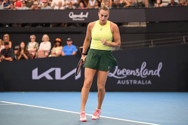 TENNIS BRISBANE INTERNATIONAL, Aryna Sabalenka of Belarus reacts against Karolina Muchova of Czechia during the semi-finals of the Brisbane International tennis tournament at Pat Rafter Arena in Brisbane, Saturday, January 10, 2026. ( NO ARCHIVING, EDITORIAL USE ONLY BRISBANE QUEENSLAND AUSTRALIA  Copyright: xZAINxMOHAMMEDx 20260110127172831957