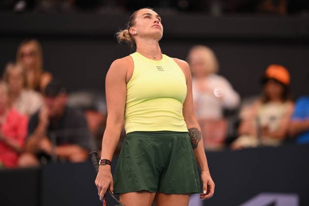TENNIS BRISBANE INTERNATIONAL, Aryna Sabalenka of Belarus reacts against Karolina Muchova of Czechia during the semi-finals of the Brisbane International tennis tournament at Pat Rafter Arena in Brisbane, Saturday, January 10, 2026. ( NO ARCHIVING, EDITORIAL USE ONLY BRISBANE QUEENSLAND AUSTRALIA  Copyright: xZAINxMOHAMMEDx 20260110196213973999