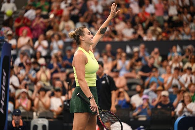 TENNIS BRISBANE INTERNATIONAL, Aryna Sabalenka of Belarus celebrates her win against Karolina Muchova of Czechia during the semi-finals of the Brisbane International tennis tournament at Pat Rafter Arena in Brisbane, Saturday, January 10, 2026. ( NO ARCHIVING, EDITORIAL USE ONLY BRISBANE QUEENSLAND AUSTRALIA  Copyright: xZAINxMOHAMMEDx 20260110129445146260