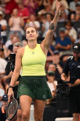 TENNIS BRISBANE INTERNATIONAL, Aryna Sabalenka of Belarus celebrates her win against Karolina Muchova of Czechia during the semi-finals of the Brisbane International tennis tournament at Pat Rafter Arena in Brisbane, Saturday, January 10, 2026. ( NO ARCHIVING, EDITORIAL USE ONLY BRISBANE QUEENSLAND AUSTRALIA  Copyright: xZAINxMOHAMMEDx 20260110157529606155