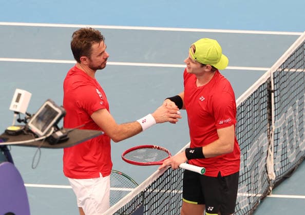 January 10, 2026, Sydney, New South Wales, Australia: ZIZOU BERGS of Belgium and STAN WAWRINKA of Switzerland after the match in the semifinals United Cup at Ken Rosewall Arena, Sydney, Australia. Sydney Australia - ZUMAc278 20260110_zsp_c278_004 Copyright: xMarcinxCholewinskix