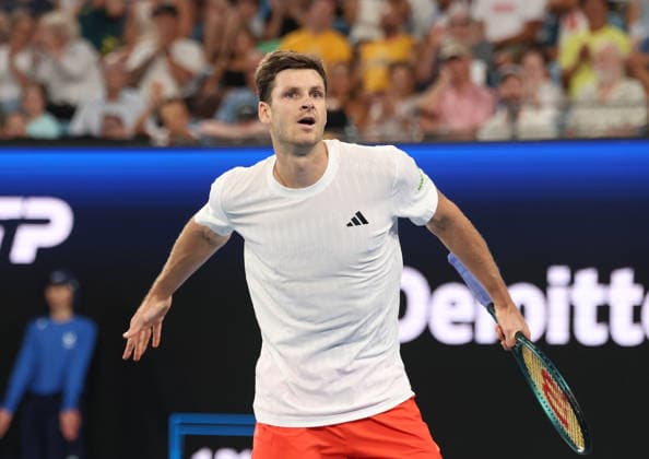 January 10, 2026, Sydney, New South Wales, Australia: HUBERT HURKACZ of Poland during the match against.A. de Minaur of Australia in the quarterfinal United Cup at Ken Rosewall Arena, Sydney, Australia. Sydney Australia - ZUMAc278 20260110_zsp_c278_016 Copyright: xMarcinxCholewinskix