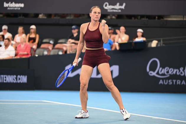 TENNIS BRISBANE INTERNATIONAL, Marta Kostyuk of Ukraine reacts against Jessica Pegula of USA during the semi-finals of the Brisbane International tennis tournament at Pat Rafter Arena in Brisbane, Saturday, January 10, 2026. ( NO ARCHIVING, EDITORIAL USE ONLY BRISBANE QUEENSLAND AUSTRALIA  Copyright: xZAINxMOHAMMEDx 20260110187030362730