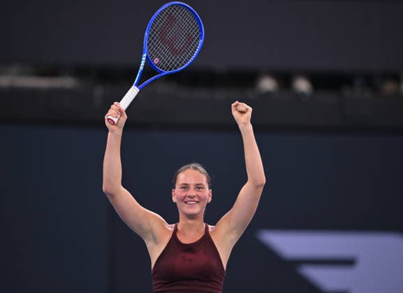 TENNIS BRISBANE INTERNATIONAL, Marta Kostyuk of Ukraine celebrates her win against Jessica Pegula of USA during the semi-finals of the Brisbane International tennis tournament at Pat Rafter Arena in Brisbane, Saturday, January 10, 2026. ( NO ARCHIVING, EDITORIAL USE ONLY BRISBANE QUEENSLAND AUSTRALIA  Copyright: xZAINxMOHAMMEDx 20260110131708249337