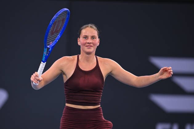 TENNIS BRISBANE INTERNATIONAL, Marta Kostyuk of Ukraine celebrates her win against Jessica Pegula of USA during the semi-finals of the Brisbane International tennis tournament at Pat Rafter Arena in Brisbane, Saturday, January 10, 2026. ( NO ARCHIVING, EDITORIAL USE ONLY BRISBANE QUEENSLAND AUSTRALIA  Copyright: xZAINxMOHAMMEDx 20260110114009476577