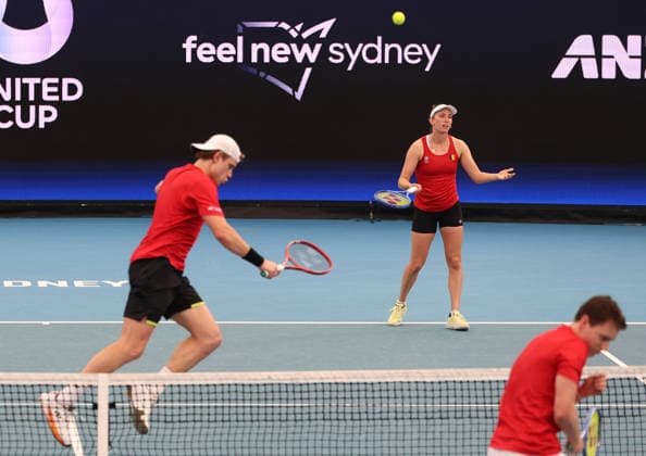 January 10, 2026, Sydney, New South Wales, Australia: ELISE MERTENS and ZIZOU BERGS of Belgium during the mikst match against Switzerland in the semifinals United Cup at Ken Rosewall Arena, Sydney, Australia. Sydney Australia - ZUMAc278 20260110_zsp_c278_029 Copyright: xMarcinxCholewinskix