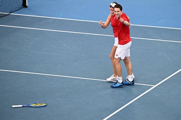 TENNIS UNITED CUP SYDNEY, Belinda Bencic and Jakub Paul of Switzerland celebrate winning their mixed doubles match against Elise Mertens and Zizou Bergs of Belgium, during the semi final between Switzerland and Belgium in the 2026 United Cup at Ken Rosewall Arena in Sydney, Saturday, January 10, 2026. ( NO ARCHIVING, EDITORIAL USE ONLY SYDNEY NEW SOUTH WALES AUSTRALIA  Copyright: xDANxHIMBRECHTSx 20260110148645683067