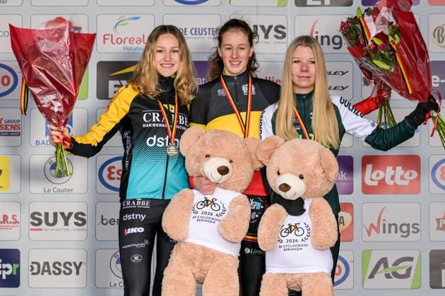 Belgian Lotta Huybrechts, Belgian Lentel Huys and Belgian Laurine Demeulemeester pictured on the podium after the Novices women race at the Belgian Cyclocross Championships in Beringen on Saturday 10 January 2026. DAVIDxPINTENS  x154940254x