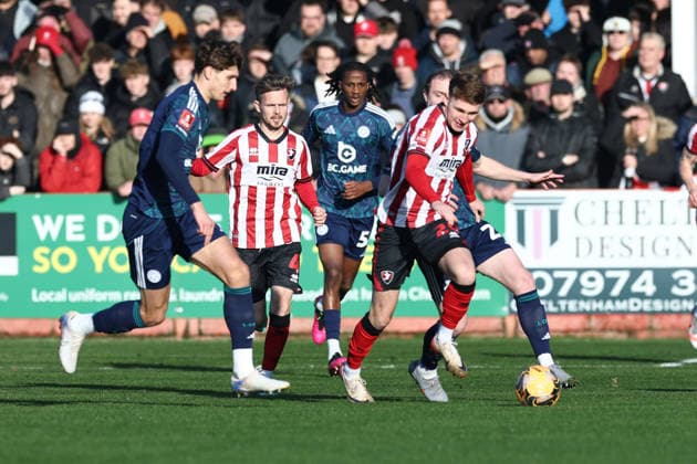 Cheltenham Town v Leicester City, FA Cup, 3rd Round Cheltenham Town forward Jake Bickerstaff (on loan from Wrexham) (20) brings the ball out of defence during the FA Cup match between Cheltenham Town and Leicester City at EV Charger Points Stadium, Cheltenham, UK on 10 January 2026. Cheltenham Jonny Rocks Stadium Gloucestershire UK Editorial use only DataCo restrictions apply See www.football-dataco.com , Copyright: xJohnxMallettx PSI-23561-0044