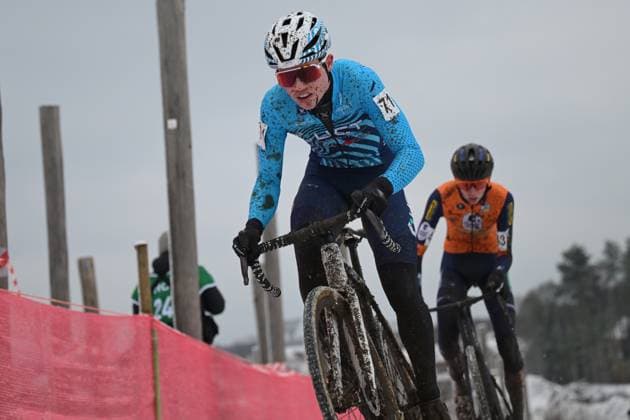 Belgian Jari Van Lee and Belgian Giel Lejeune pictured in action during the Junior men race at the Belgian Cyclocross Championships in Beringen on Saturday 10 January 2026. DAVIDxPINTENS  x154955855x