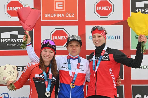 Mistrovstvi Ceske republiky v cyklokrosu: zeny, 10. ledna 2026, Dolni oblast Vitkovice, Ostrava. Zleva stribrna Katerina Hladikova (BRILON RACING TEAM MB), vitezka Kristyna Zemanova (VIF CICLING TEAM) a bronzova Amalie Gottwaldova (NUTREND SPECIALIZED SKR RACING). (CTKxPhoto JaroslavxOzana) CTKPhotoP2026011003936  CTKPhotoP2026011003936