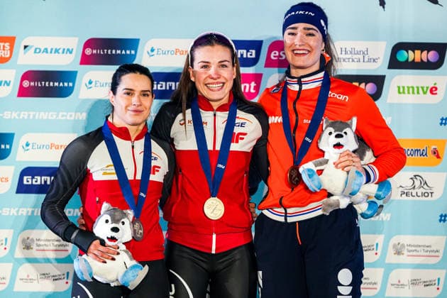 2026-01-10 - ISU European Speed skating, Eisschnelllauf Championships TOMASZOW MAZOWIECKI, POLAND - JANUARY 10: Kaja Ziomek-Nogal of Poland, Andzelika Wojcik of Poland, Isabel Grevelt of Netherlands during the ISU European Speed Skating Championships at the Arena Lodowa on January 10, 2026 in Tomaszow Mazowiecki, Poland Tomaszow Mazowiecki Arena Lodowa Poland Content not available for redistribution in The Netherlands directly or indirectly through any third parties. Copyright: xAndrexWeeningx