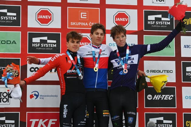 Mistrovstvi Ceske republiky v cyklokrosu, 10. ledna 2026, Dolni oblast Vitkovice, Ostrava. Zleva stribrny Vaclav Jezek (BRILON RACING TEAM MB), vitez Krystof Bazant (CYKLOSTAR Pirelli) a bronzovy Maximilian Kerl (AUTO SKODA MLADA BOLESLAV). (CTKxPhoto JaroslavxOzana) CTKPhotoP2026011004171  CTKPhotoP2026011004171