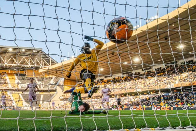 10th January 2026; Molineux Stadium, Wolverhampton, West Midlands, England; FA Cup Football, Wolverhampton Wanderers versus Shrewsbury Town; Tolu Arokodare of Wolverhampton Wanderers scores in the 2nd minute of added time in the second half to make the score 6-1  GodfreyxPitt