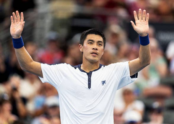 January 10, 2026, Brisbane, Qld, Australia: BRANDON NAKASHIMA of the United States celebrates after winning his MenÃ¢â‚¬â ¢s Singles semifinal match against ALEKSANDAR KOVACEVIC of the United States (7-6 6-4) at the Brisbane International. Brisbane Australia - ZUMAt173 20260110_zsp_t173_032 Copyright: xStephanexThomasx