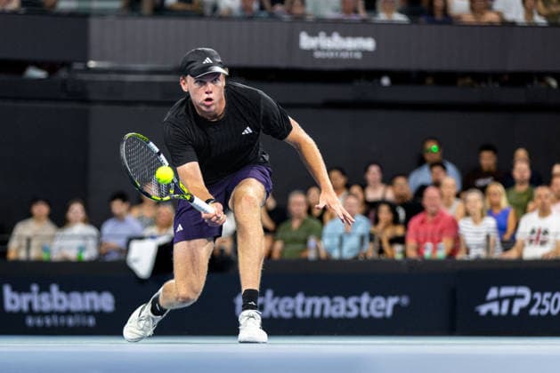 January 10, 2026, Brisbane, Qld, Australia: ALEX MICHELSEN of the United States plays a low forehand volley during his MenÃ¢â‚¬â ¢s Singles semifinal match against DANIIL MEDVEDEV of Russia at the Brisbane International. Brisbane Australia - ZUMAt173 20260110_zsp_t173_036 Copyright: xStephanexThomasx