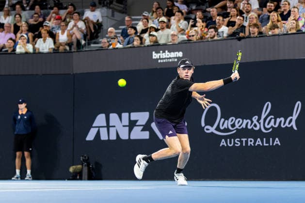 January 10, 2026, Brisbane, Qld, Australia: ALEX MICHELSEN of the United States plays a backhand during his MenÃ¢â‚¬â ¢s Singles semifinal match against DANIIL MEDVEDEV of Russia at the Brisbane International. Brisbane Australia - ZUMAt173 20260110_zsp_t173_040 Copyright: xStephanexThomasx
