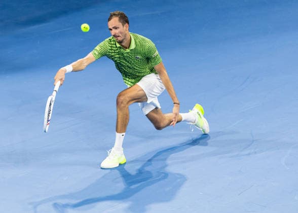 January 10, 2026, Brisbane, Qld, Australia: DANIIL MEDVEDEV of Russia reaches for the ball during his MenÃ¢â‚¬â ¢s Singles semifinal match against ALEX MICHELSEN of the United States at the Brisbane International. Brisbane Australia - ZUMAt173 20260110_zsp_t173_051 Copyright: xStephanexThomasx