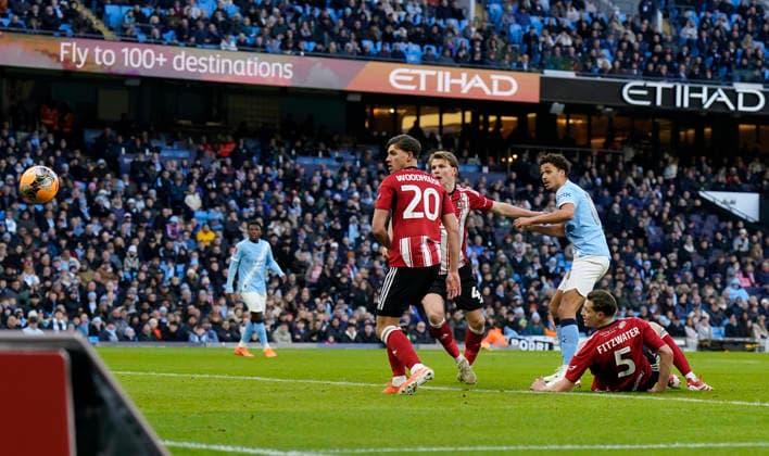 Manchester, England, 10th January 2026. Max Alleyne of Manchester City scores the first goal during the Manchester City vs Exeter City FA Cup match at the Etihad Stadium, Manchester. Picture credit should read: Andrew Yates Sportimage EDITORIAL USE ONLY. No use with unauthorised audio, video, data, fixture lists, club league logos or live services. Online in-match use limited to 120 images, no video emulation. No use in betting, games or single club league player publications. SPI_017_AY_Man_City_Exeter SPI-4442-0016
