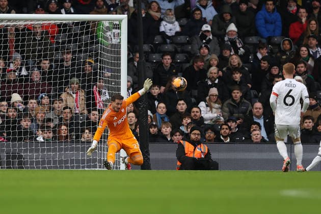 10th January 2026; Craven Cottage, Fulham, London, England; FA Cup Football, Fulham versus Middlesbrough; goalkeeper Benjamin Lecomte of Fulham saves with his feet  KatiexChan