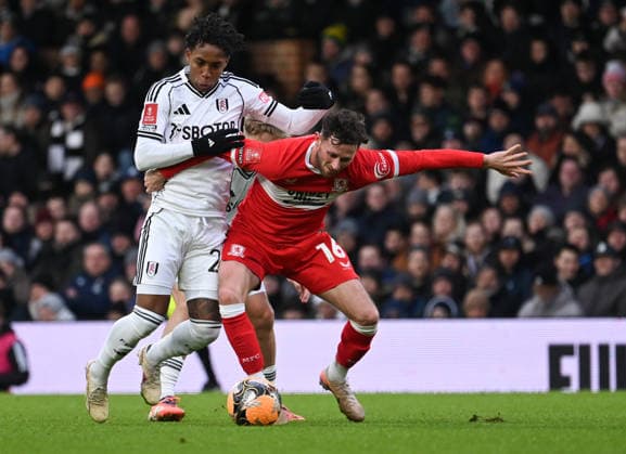 Fulham v Middlesbrough Emirates FA Cup Kevin of Fulham and Alan Browne of Middlesbrough battle for the ball during the Emirates FA Cup Third Round match at Craven Cottage, London 10 01 2026 UK Newspapers OUT Copyright: xNigelxBramleyx FIL-22780-0019