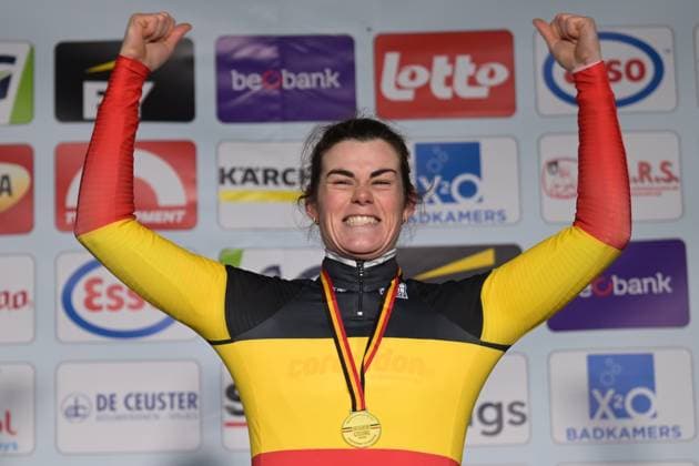 Belgian Marion Norbert Riberolle celebrates on the podium with the Belgian champion jersey after the Women elite race at the Belgian Cyclocross Championships in Beringen on Saturday 10 January 2026. DAVIDxPINTENS  x154974534x