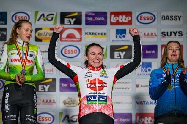 Belgian Sanne Laurijssen, Belgian Shanyl De Schoesitter and Belgian Xenna De Bruyckere pictured during the podium ceremony of the Women U23 race at the Belgian Cyclocross Championships in Beringen on Saturday 10 January 2026. DAVIDxPINTENS  x154977945x