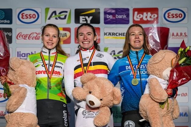 Belgian Sanne Laurijssen, Belgian Shanyl De Schoesitter and Belgian Xenna De Bruyckere pictured during the podium ceremony of the Women U23 race at the Belgian Cyclocross Championships in Beringen on Saturday 10 January 2026. DAVIDxPINTENS  x154978041x