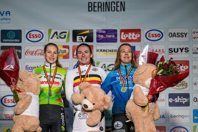 Belgian Sanne Laurijssen, Belgian Shanyl De Schoesitter and Belgian Xenna De Bruyckere pictured during the podium ceremony of the Women U23 race at the Belgian Cyclocross Championships in Beringen on Saturday 10 January 2026. DAVIDxPINTENS  x154978062x