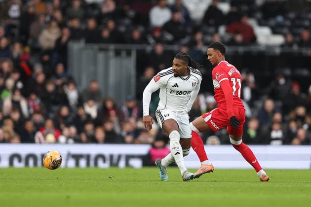 10th January 2026; Craven Cottage, Fulham, London, England; FA Cup Football, Fulham versus Middlesbrough; Adama Traore of Fulham and Morgan Whittaker of Middlesbrough  KatiexChan