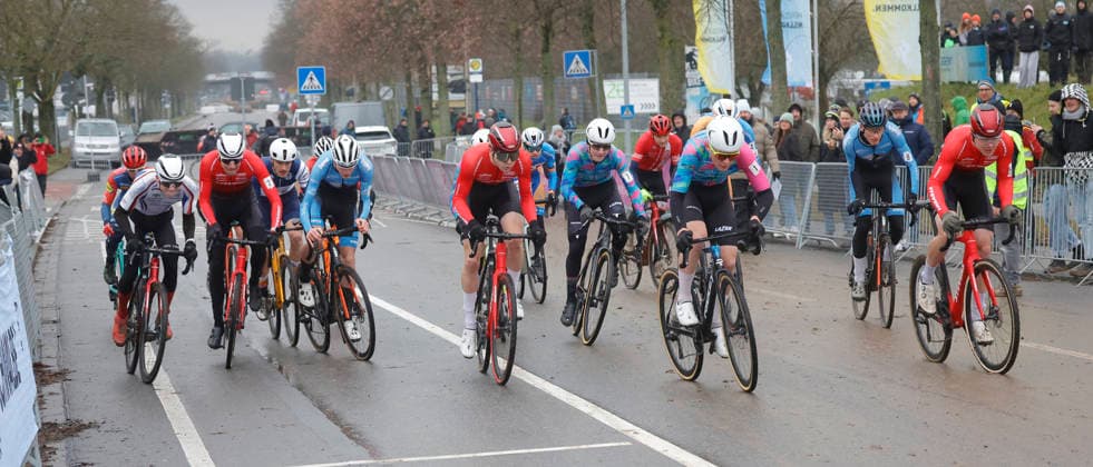 10 01 2026 German Cyclo-cross Championship Bensheim German Cyclo-cross Championship 2026 Start U23 2 from left Silas Kuschla Radsport Nagel 5 from left Winner Eike Behrens Stevens Racing Team 3 from right No. 1 Max Oertzen Radsport Nagel Bensheim Hesse Germany