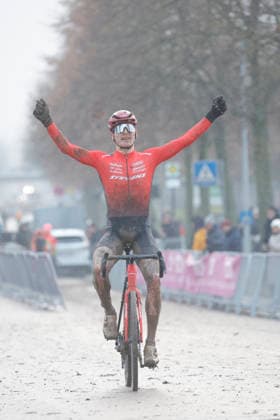 10 01 2026 German Cyclo-cross Championship Bensheim German Cyclo-cross Championship 2026 U23 No 3 Winner Eike Behrens Stevens Racing Team jubilant joy at the finish Bensheim Hessen Germany