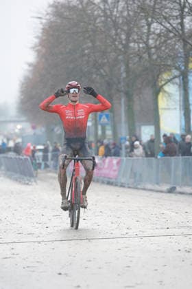10 01 2026 German Cyclo-cross Championship Bensheim German Cyclo-cross Championship 2026 U23 No 3 Winner Eike Behrens Stevens Racing Team jubilant joy at the finish Bensheim Hessen Germany
