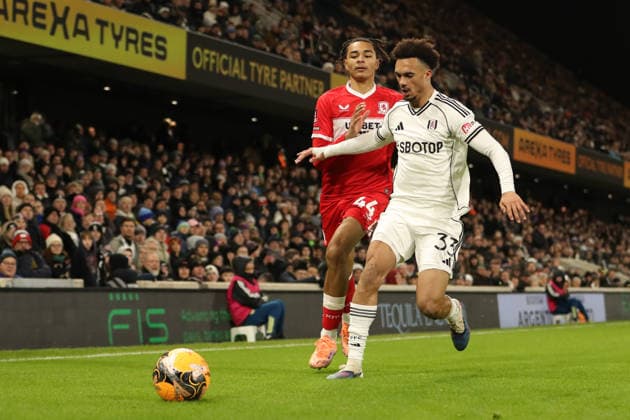 10th January 2026; Craven Cottage, Fulham, London, England; FA Cup Football, Fulham versus Middlesbrough; Antonee Robinson of Fulham shields Cruz Ibeh of Middlesbrough for the ball to go out for a goal kick  KatiexChan