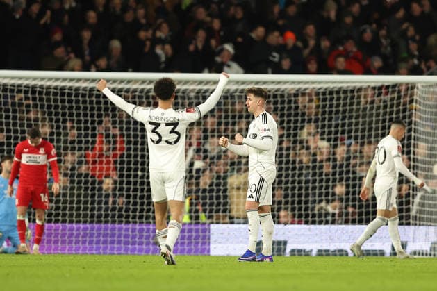 10th January 2026; Craven Cottage, Fulham, London, England; FA Cup Football, Fulham versus Middlesbrough; Tom Cairney and Antonee Robinson of Fulham celebrates his team goal by Kevin in the 90th+3 minute for 3-1  KatiexChan