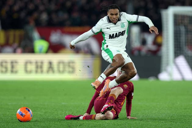 CALCIO - Serie A - AS Roma vs US Sassuolo Rome, Italy - January 10, 2026: Armand Lauriente of Sassuolo, Niccolo Pisilli of A.S. Roma seen in action during the Serie A Enilive 2025-2026 football match between AS Roma vs US Sassuolo at Olympic Stadium. Rome Italy  Copyright: xIPAxSport ABACAx