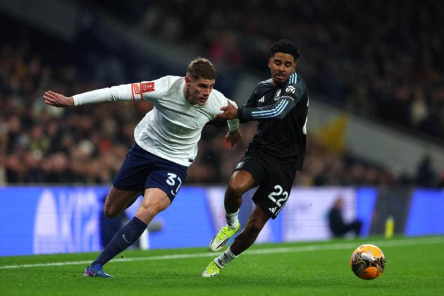 10th January 2026; Tottenham Hotspur Stadium, London, England; FA Cup Football, Tottenham Hotspur versus Aston Villa; Micky van de Ven of Tottenham Hotspur under pressure from Ian Maatsen of Aston Villa  JohnxPatrickxFletcher