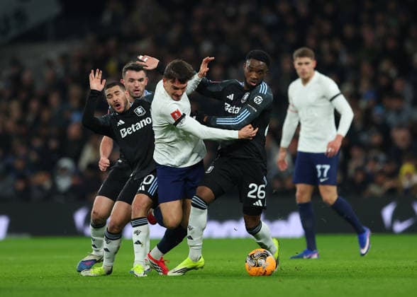 10th January 2026; Tottenham Hotspur Stadium, London, England; FA Cup Football, Tottenham Hotspur versus Aston Villa; Joao Palhinha of Tottenham Hotspur under pressure from Lamare Bogarde of Aston Villa  JohnxPatrickxFletcher