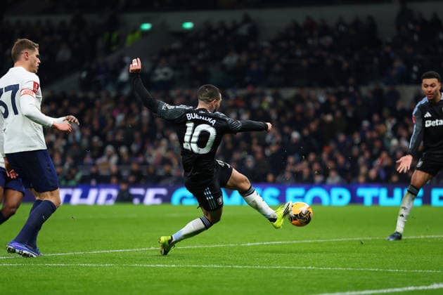 10th January 2026; Tottenham Hotspur Stadium, London, England; FA Cup Football, Tottenham Hotspur versus Aston Villa; Emi Buendia of Aston Villa takes a shot on goal  JohnxPatrickxFletcher